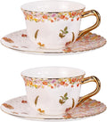 KAMMAK Tea Cups and Saucers Set of 2, Reinforced Porcelain Coffee Cups, 8.5-Ounce Stackable Espresso Mugs, Ceramic Demitasse for Coffee, Cappuccino, Latte, Americano, Tea, Secret Flourish