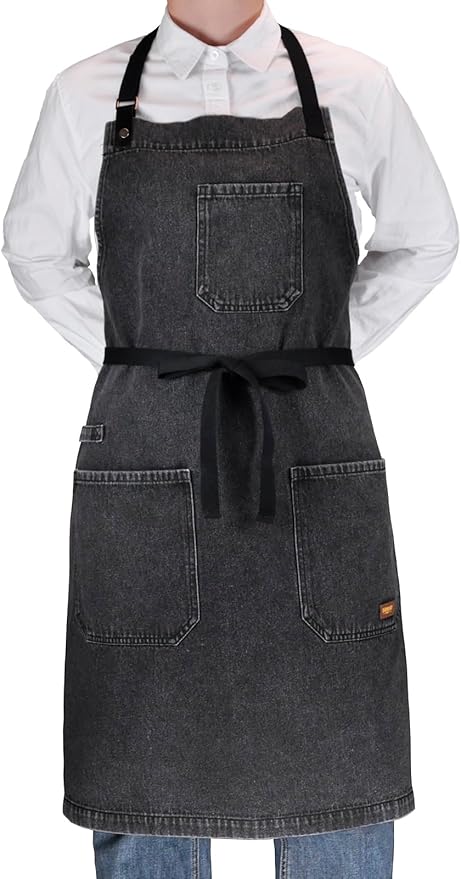 Cooking Apron with Pockets Mens Womens Professional Kitchen Bib Apron for Chef Grill BBQ (Black Denim -2)