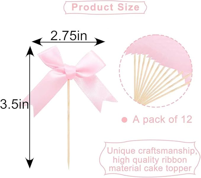 Pink Bow Cupcake Toppers,12 PCS Pink Birthday Decoration,Bow Themed Party Decorations Coquette Birthday Cake Decoration for Bachelorette Bridal Engagement Wedding Baby Shower Party Decor