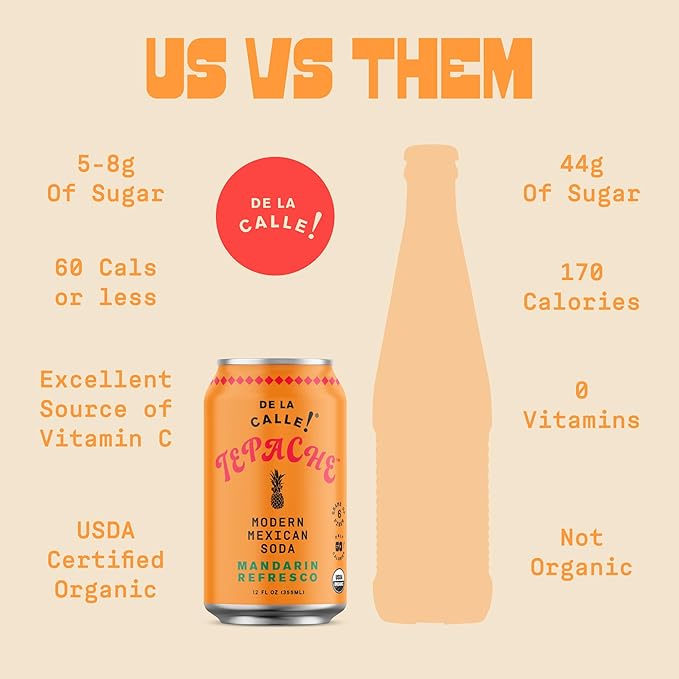 De La Calle Tepache - Mandarin - Modern Mexican Soda - Craft Fermented Pineapple Sparkling Beverage - Certified Organic, Antioxidant Rich, Non-Alcoholic, Healthy Soda, Low Sugar, Low Calorie, Non-GMO