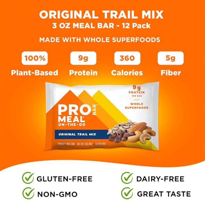 PROBAR - MEAL Bar, Original Trail Mix, Non-GMO, Gluten-Free, Healthy, Plant-Based, Whole-Food Ingredients, Natural Energy (12 Count)