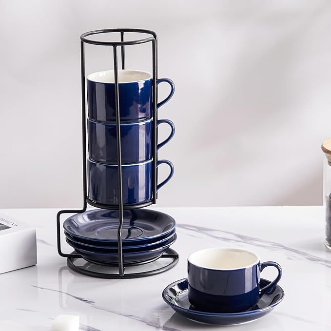 8oz Porcelain Stackable Cappuccino Cups with Saucers and Metal Stand Set of 4, Coffee Cups for Espresso, Specialty Coffee Drinks, Latte, Americano and Tea - Blue