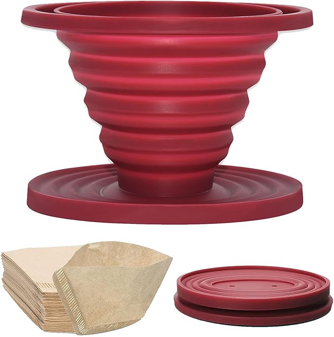 Collapsible Pour Over Coffee Dripper Set - Silicone Reusable Cone Filter Holders with 100Pcs Paper Filters - For Home, Camping, Travel, Office (1, Red)