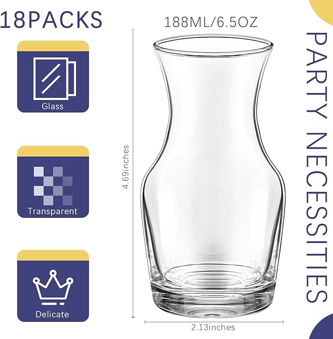 18 Pack Single Serving Wine Carafe Glass Small Mini Carafe Individual Wine Refill Decanter for Dinner Parties Tastings Bars Restaurants (6.5 oz)