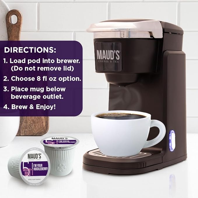 Maud's Huckleberry Flavored Coffee Pods, 18 ct, Medium Roast Flavored Coffee in Recyclable Single Serve Pods – 100% Arabica Beans, Compatible with Keurig K Cups Maker