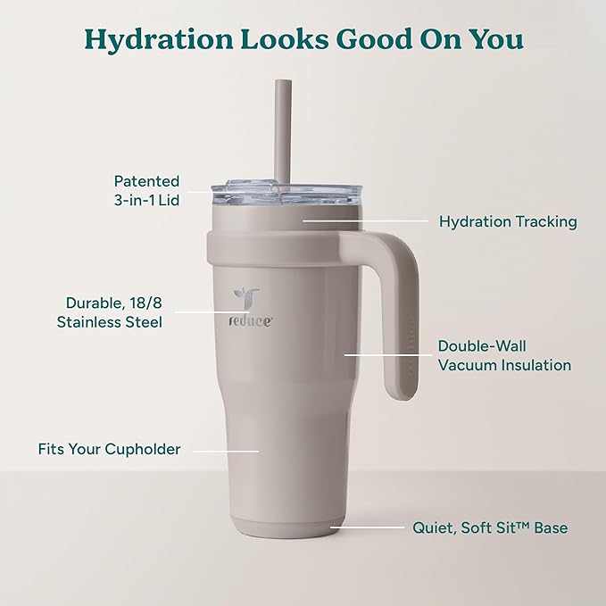 REDUCE 24 oz Stainless Steel Tumbler with Handle - Dual-Wall Vacuum Insulated Travel Mug, Sweat-Proof Lid & Reusable Straw - Keeps Drinks Cold for 24 Hrs, Fits Cupholders, Dishwasher Safe - Sand