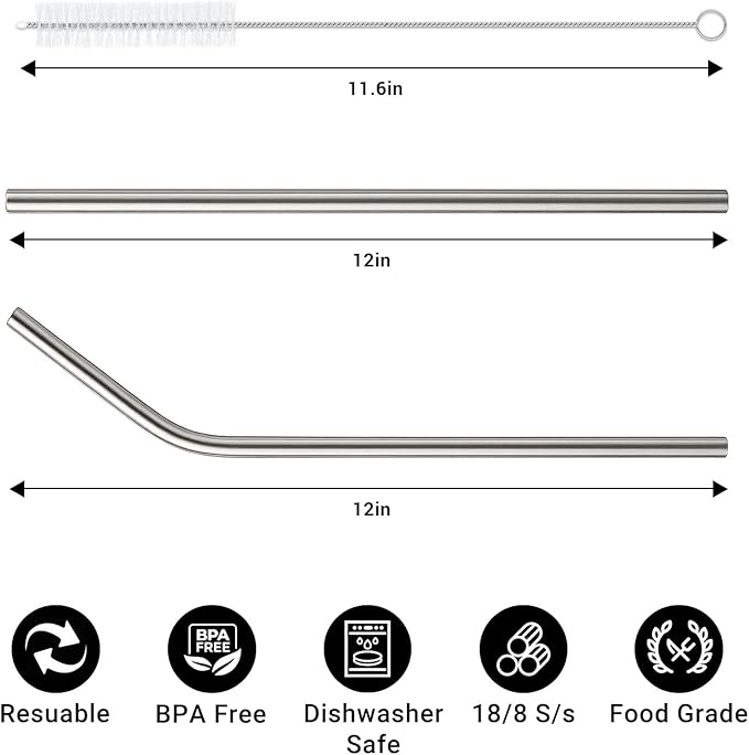6 Pack Stainless Steel Straw Replacement for Stanley 40 oz 30 oz Tumbler,3 Straight + 3 Curved BPA Free Reusable Metal Straws with Cleaning Brush, 12Inch Long Drinking Reusable Accessories