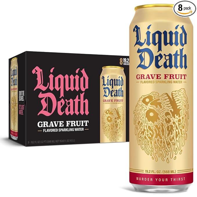 Liquid Death, Grave Fruit, Grapefruit-Flavored Sparkling Water, 8-Pack (19.2oz Cans), Low Calorie & No Artificial Sweeteners