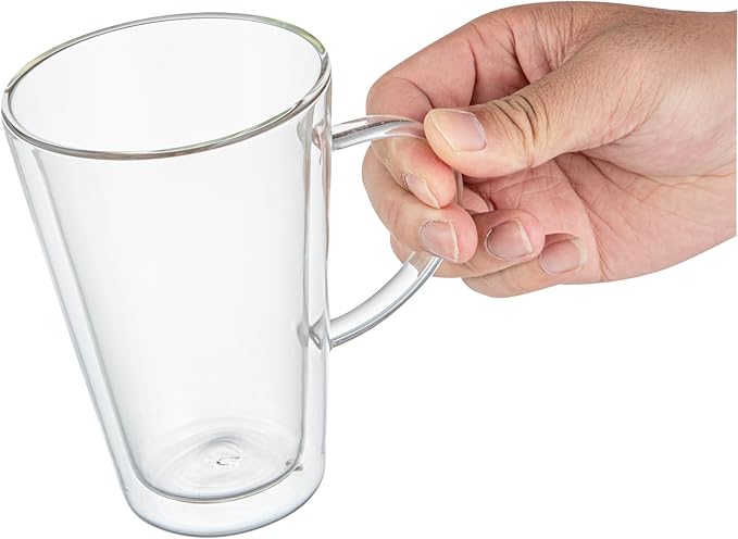 Restaurantware-Forma Professional 13.5 oz Double Wall Glass Mugs, 2 Insulated Coffee Mugs With Handle - Dishwashable, Reusable, Clear Glass Beverage Cups, Freezable, For Hot Or Cold Beverages