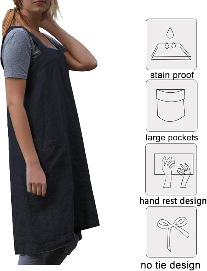 ZQFFB Pinafore Cross Back Apron for Women with Pockets Japanese Smock for Work Gardening Cooking Painting Baking