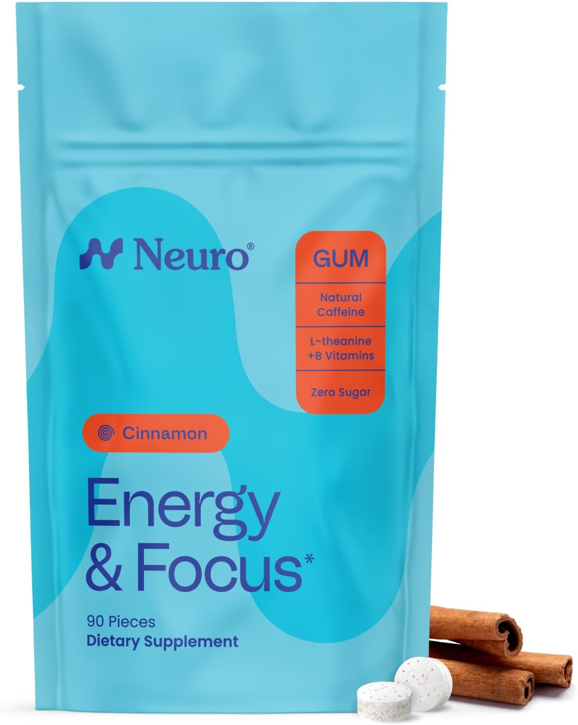Neuro Energy & Focus Gum - 40mg Natural Caffeine Gum & Nootropic Energy Supplement with L-Theanine & B Vitamins - Sugar Free, Vegan - Cinnamon, 90ct