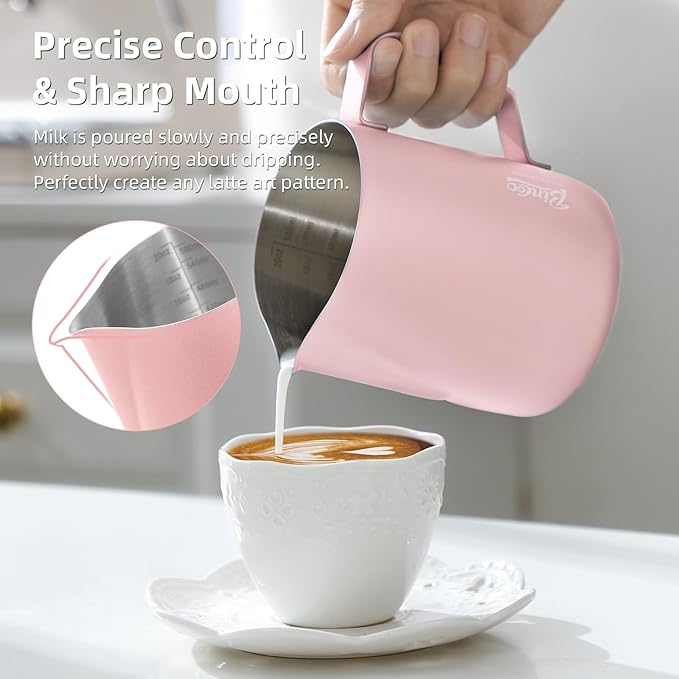 Pink Milk frother - 350ml/12OZ Milk Frothing Pitcher, Milk Frother Cup Espresso Steaming Pitcher for Barista, Bincoo 304 Stainless Steel Espresso Steaming Pitchers for Latte Art/Cappuccino/Coffee/Milk