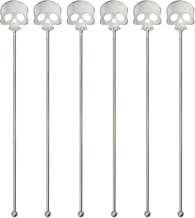 6Pcs Skull Swizzle Sticks 8.7inch Coffee Stirrers Reuseable 18/10(304) Stainless Steel Beverage Cocktail Stirrer for Bar Halloween Party Mixing Drinks