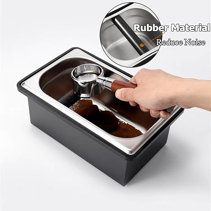 Espresso Coffee Knock Box, Large Size Stainless Steel Coffee Pucks Container, with Noise Reduction Rubber Ring,Silicone Bar for Knocking Portafilter Filter Grinds