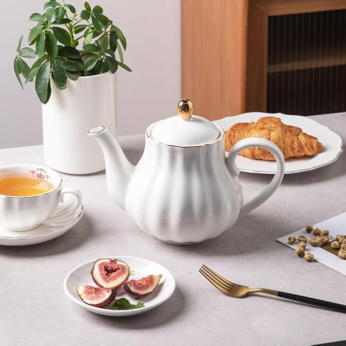 Sweejar Royal Teapot, Ceramic Tea Pot with Removable Stainless Steel Infuser, Blooming & Loose Leaf Teapot - 40 Ounce (White)