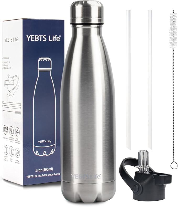 Insulated Water Bottle,17oz Stainless Steel Water Bottles with straw lid, Metal Sports Water Bottles for Boys,Girls, Double Wall Vacuum BPA-Free Flask for School, Sports(SLIVER)