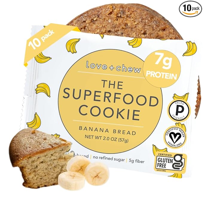 Love + Chew Superfood Soft Baked Cookies, Banana Bread Flavor, Plant Based Cookie Made With Almonds, Chia Seeds, & Bananas for Kids and Adults, Vegan Snacks, Gluten Free, Paleo, Non GMO, 10 Pack