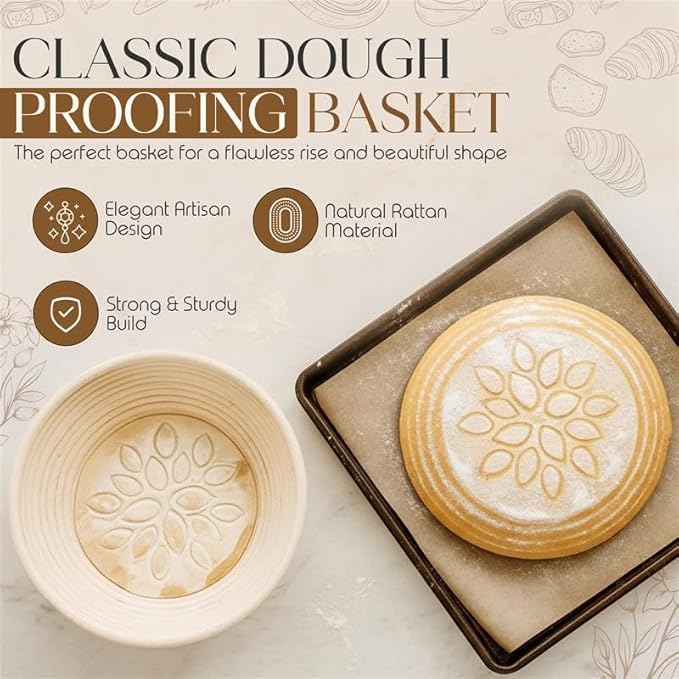 Sourdough Bread Proofing Basket Set - 9 Inch Round Banneton Bread Proofing Basket with 2 Wooden Stamps, Brush & Storage Bag - Sourdough Kit With Wooden Design