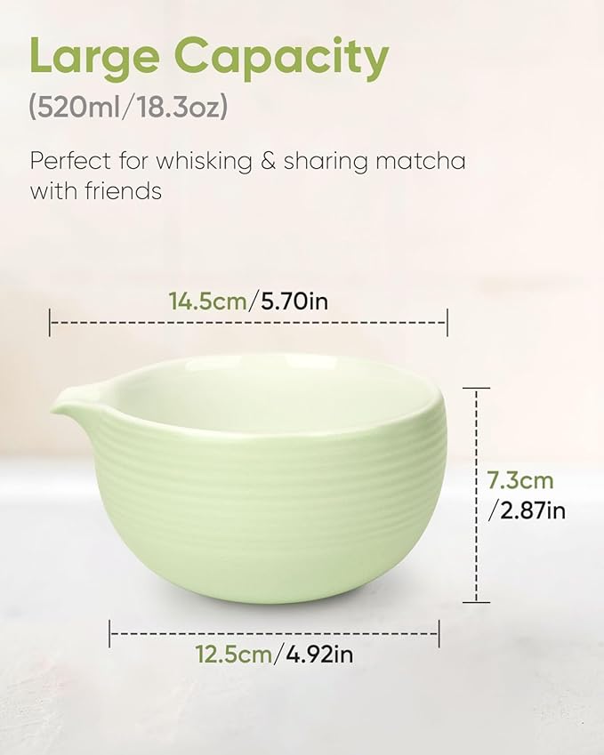 Matcha Bowl and Whisk Holder Set, Ceramic Tea Bowl and Whisk Stand, Matcha Tea Mixing Bowl with Spout (18 Ounce), Whisk Rest, Light Green