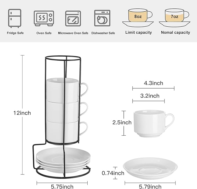 YOLIFE 8oz Porcelain Stackable Cappuccino Cups with Saucers and Metal Stand Set of 4, Coffee cups for Espresso, Specialty Coffee Drinks, Latte, Americano and Tea - White