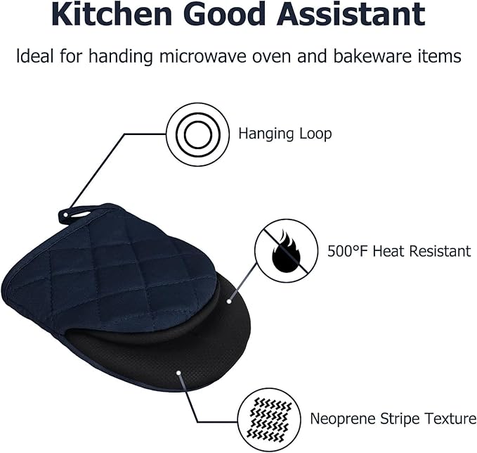 Short Oven Mitts, Heat Resistant Silicone Kitchen Mini Oven Mitts for 500 Degrees, Non-Slip Grip Surfaces and Hanging Loop Gloves, Baking Grilling Barbecue Microwave Machine Washable, 1 Piece
