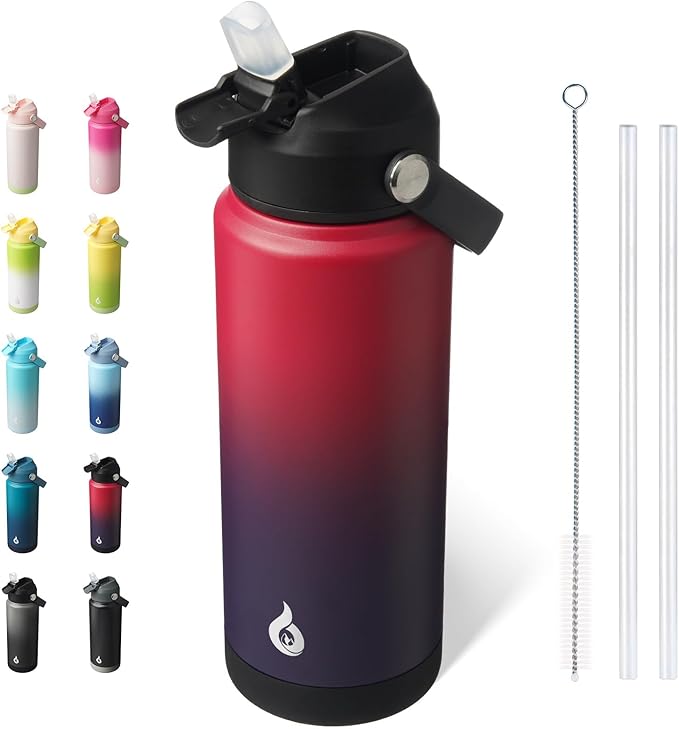 BJPKPK Water Bottle with Straw Lid, 24oz Vacuum Insulated Water Bottles, Metal Stainless Steel Thermos for Sports, Travel, BPA Free Leak Proof Thermos, Cups, Flasks, Tumblers,Charming Red