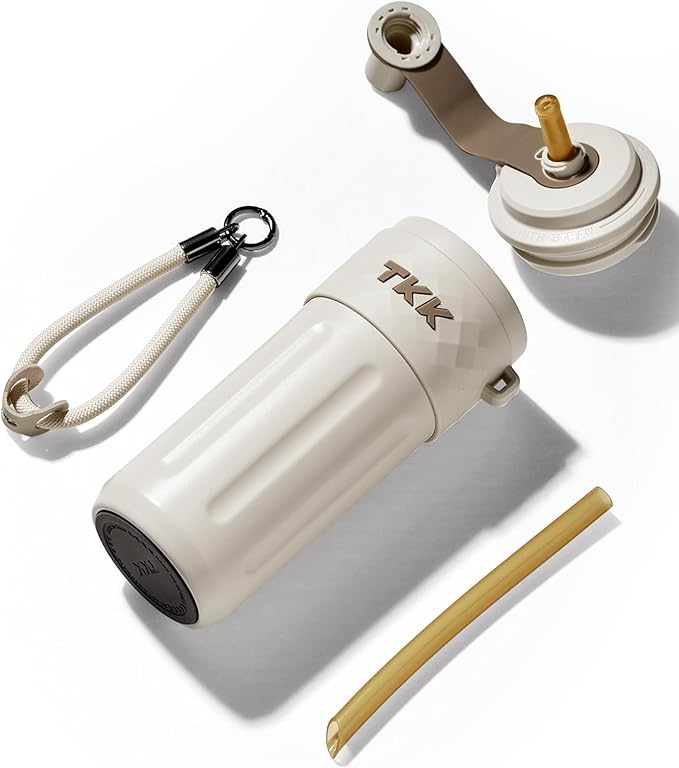 TKK 17 OZ Travel Tumbler Ceramic Lining with Straw Lid, Stainless Steel Vacuum Insulated Double Wall Coffee Tumbler, Leak Proof Iced Water Bottle with Carry Strap for Hot & Cold Drinks, Beige
