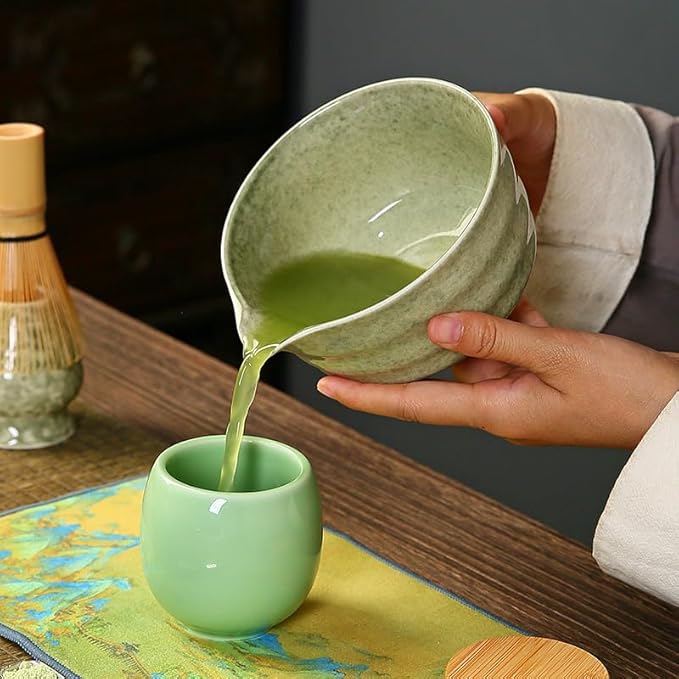 6-Piece Matcha Whisk Set, Japanese Bamboo Chasen, Scoop & Sifter, Traditional Ceremonial Kit with Ceramic Bowl, Whisk Holder Stand, Chakin Cloth (Green bamboo)