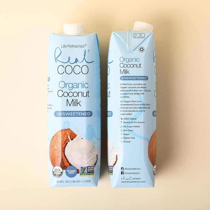 Real Coco Organic Original Coconut Milk Beverage (6-Pack 1L), USDA Organic, No-Added Sugar, Plant Based, Dairy & Soy Free, Vegan, Keto and Paleo Friendly