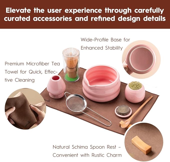 8 Pcs Matcha Set - Ceramic Bowl, Bamboo Whisk with Holder, Canister, Sifter, Schima Spoon, Spoon Rest and Tea Towel, Complete Kit for Traditional Matcha and Modern Lattes (Pink)