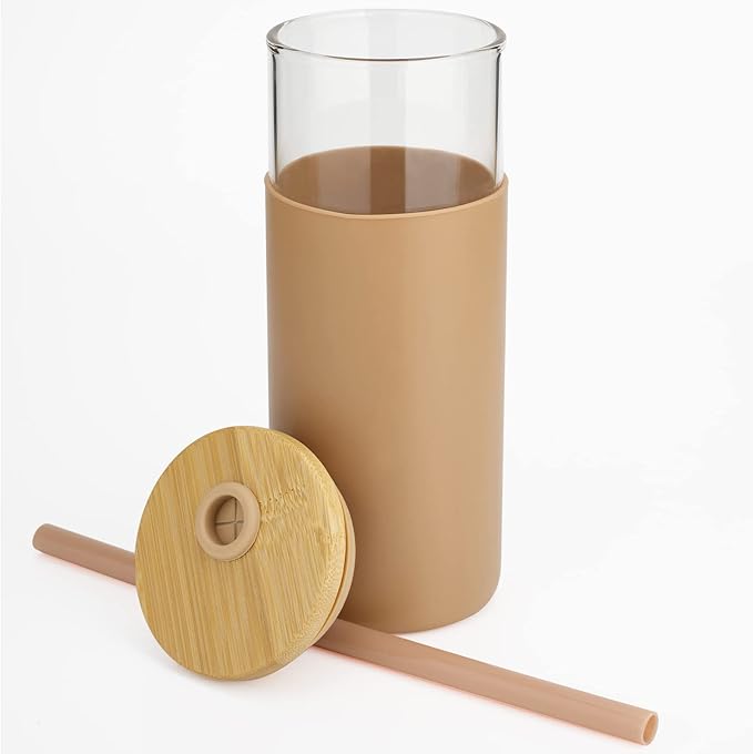 Tronco 20 oz Glass Tumbler Glass Water Bottle Straw Silicone Protective Sleeve Bamboo Lid - BPA Free (Black Amber /2pack)