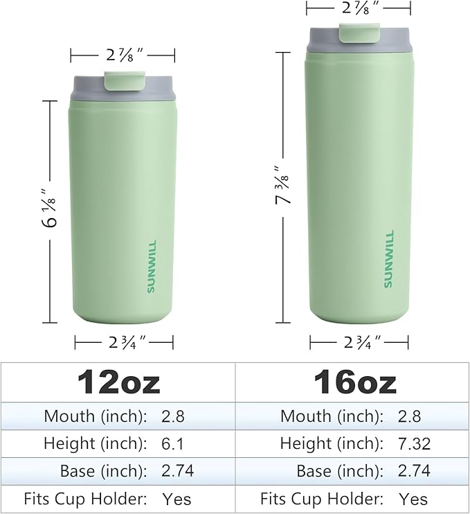 SUNWILL Insulated Coffee Mug with Lid, Leak Proof Tumbler Stainless Steel, 12 oz Travel Cup for Office, Home, Powder Coated Matcha