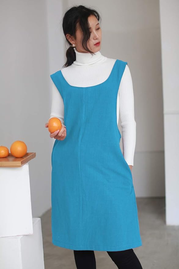 Cotton Linen Japanese Apron Halter Cross Back Bandage X Shape Aprons Two Pockets