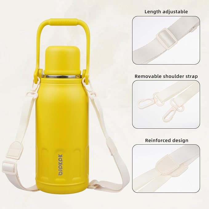 BJPKPK Insulated Thermos Water Bottle Double Wall with Handle and Lid 50oz Stainless Steel Water Bottles for Cold and Hot Beverages,Yellow