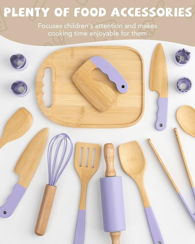 Wooden Kids Cooking Set Montessori Kit - Real Toddler Kitchen Tools & Baking Utensils - 15PCS Cooking Kit for Kids with Storage Bag, Great Gift for Pretend Play & Montessori Learning (Purple)