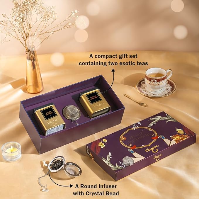 CHAYAM Blissful Infusion – Spiced Turmeric & Magical Cinnamon Wellness Tea Gift Set (2 x 1.76oz) + Infuser | Loose Leaf Black & Green Tea Caddies for Tea Lovers