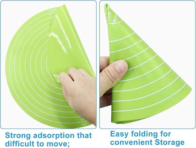 Hitefu 12 Inch Round Silicone Cake Mat, Silicone Baking Mat with Measurement for Cake Turntable & Rolling Dough (Green)