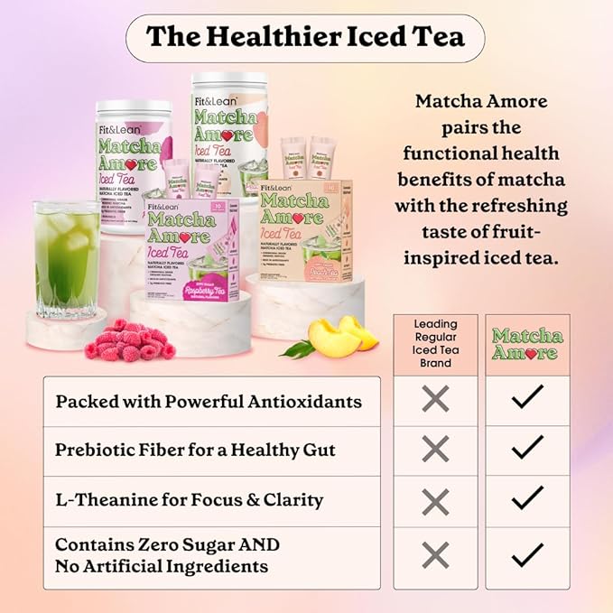 Fit & Lean Matcha Amore Iced Tea, Organic Ceremonial Grade Matcha Green Tea, Prebiotic Fiber, L-Theanine, Naturally Sweetened, NON-GMO, 0 Sugar, Peach Iced Tea, 10 Stick Packs