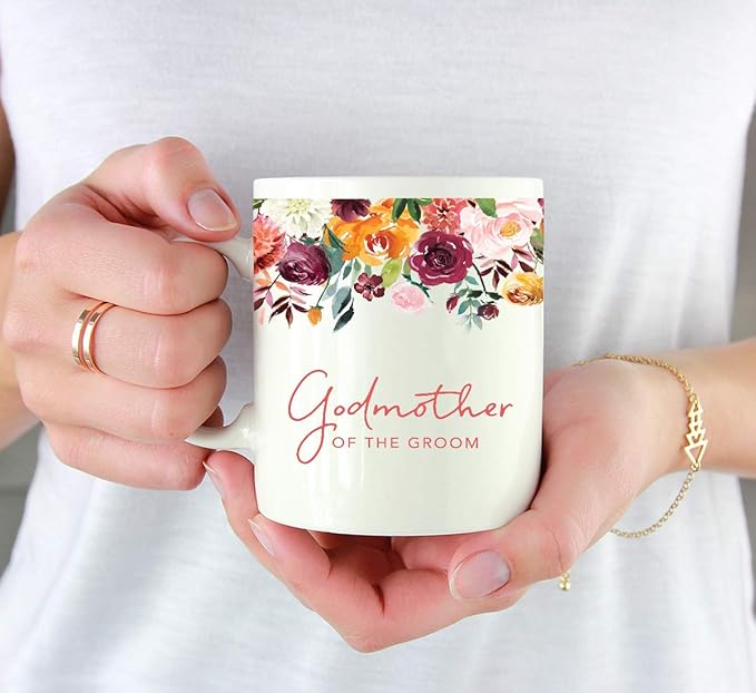 Andaz Press 11oz. Wedding Ceramic Coffee Tea Mug Gift, Fall Autumn Burgundy Orange Peach Flowers Roses Florals, Godmother of the Groom, 1-Pack, Includes Gift Box