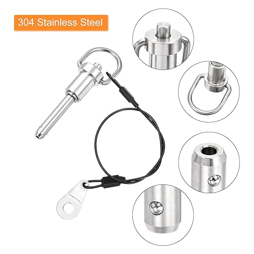 uxcell 1 Pcs Quick Release Pin, 1/4" x 1"(Dia. x L) Push-Button Ball Locking Pin 304 Stainless Steel Ring Handle Locking Pin with Wire for Audio Bimini Top Marine, Silver