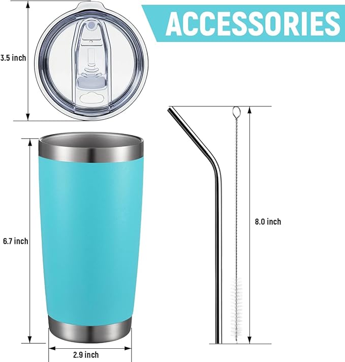 COMOOO 20oz/8Pack Tumbler Double Wall Vacuum Insulated Travel Mug, Stainless Steel Tumbler Bulk with Lid and Straw Insulated Coffee Cup for Cold & Hot Drinks (Light Blue, 8 Pack)