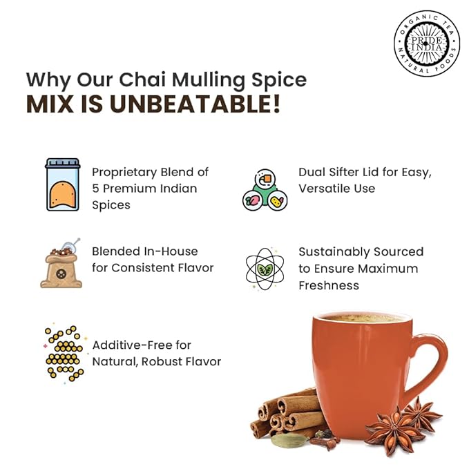 Pride of India | Chai Masala Mulling Spice Mix 6 oz (170 gm) Medium Dual Sifter Jar | Gourmet Spice Mix for Teas & Coffee | Caffeine Free | Authentic Mulling Spice Blend | Vegan & Gluten-Free | Easy to Store