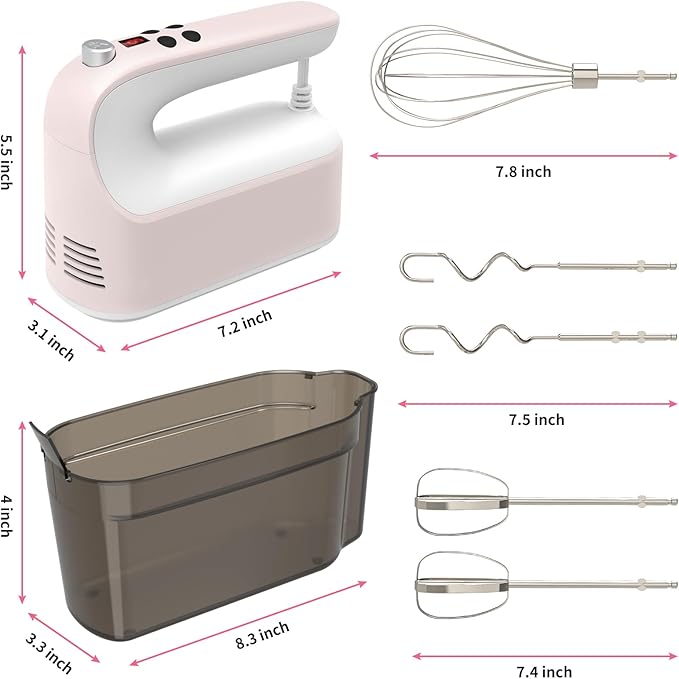 CBQ Hand Mixer Electric, 9 Speed 400W Handheld Mixer with Digital, Touch Button, Turbo, Storage Case, 5x Stainless Steel Accessories, Mixer Electric Handheld for Cake, Cookie, Egg (Pale Pink)
