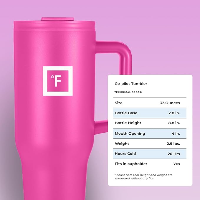 IRON °FLASK Co-Pilot Insulated Mug w/Straw & Flip Cap Lids - Cup Holder Bottle for Hot, Cold Drink - Leak-Proof - Water, Coffee Portable Travel Mug - Pink Tulip, 32 Oz