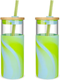 Tronco 20 oz Glass Tumbler with Straw and Bamboo Lid, Iced Coffee Cup Reusable, Smoothie Cups, Tumbler with Silicone Protective Sleeve - BPA Free