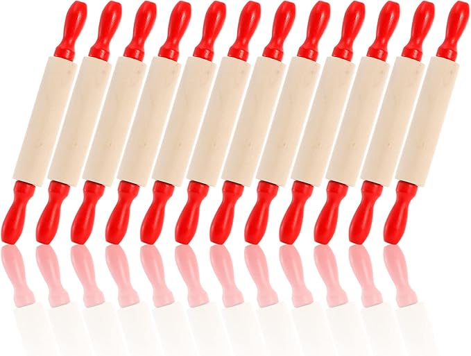 SOUJOY Set of 12 Mini Rolling Pin, 8 Inch Wood Dough Roller for Baking with Red Handle, Small Clay Rolling Pin for Craft Fondant Pastry Pizza Crafting and Imaginative Play