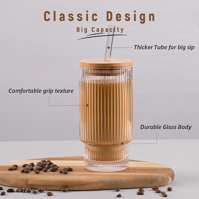 Ribbed Glassware Set of 4, 20oz Origami Style Drinking Glass Cup with Lid and Straw, Iced Coffee, Cocktail, Beer, Juice Stackable Drinking Glasses, Perfect for indoor and outdoor use