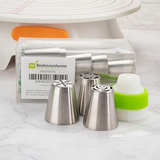 Restaurantware Pastry Tek Russian Piping Tips Set 21 Piece Durable Cake Decorating Kit - 10 Piping Tips 10 Piping Bags Stainless Steel Piping Bags And Tips Set 1 Tri-Color Coupler