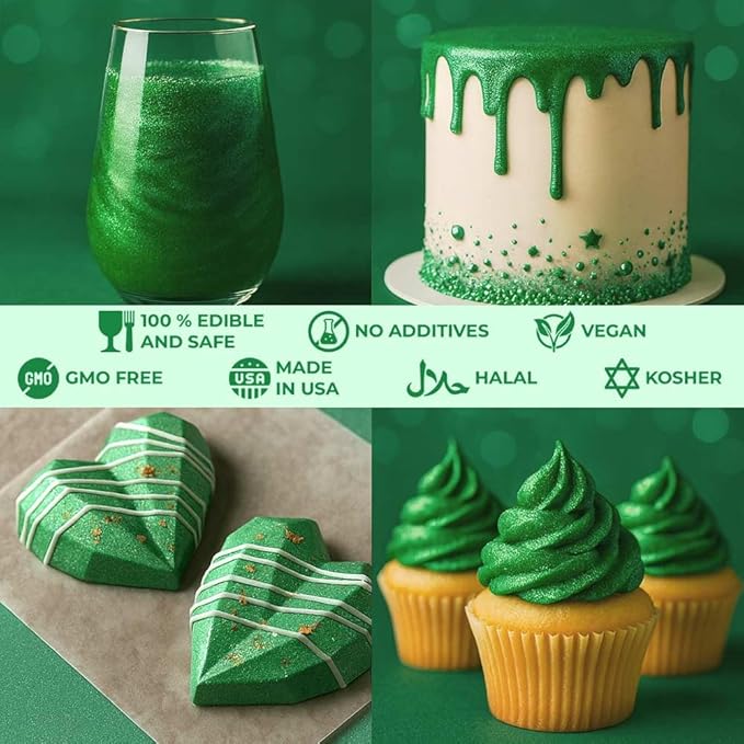 Bulk (20g) Luster Dust Edible Cake Decorations, Edible Luster Dust for Cakes, Green Edible Luster Dust for Cupcake Decorations, Cake Drip, Edible Paint, Green Edible Shimmer Dust for Drinks