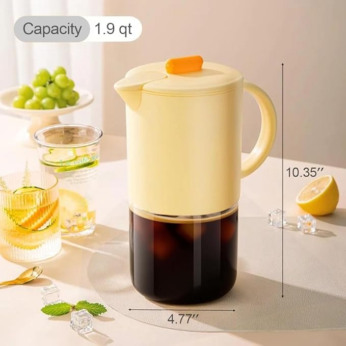 Delove Cold Brew Coffee Maker with Auto Spout – Shatterproof Plastic Shell, Wide Mouth Design – 62 oz (1.9 Quart) Iced Tea Glass Carafe with Removable Removable Mesh Filter (1, Yellow)